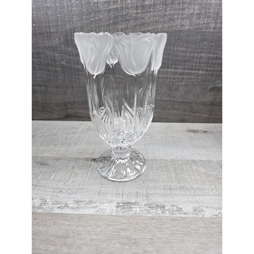 Vtg Block Lead Crystal Frosted Tulip Hurricane Candle Holder 8” Vase 76.5